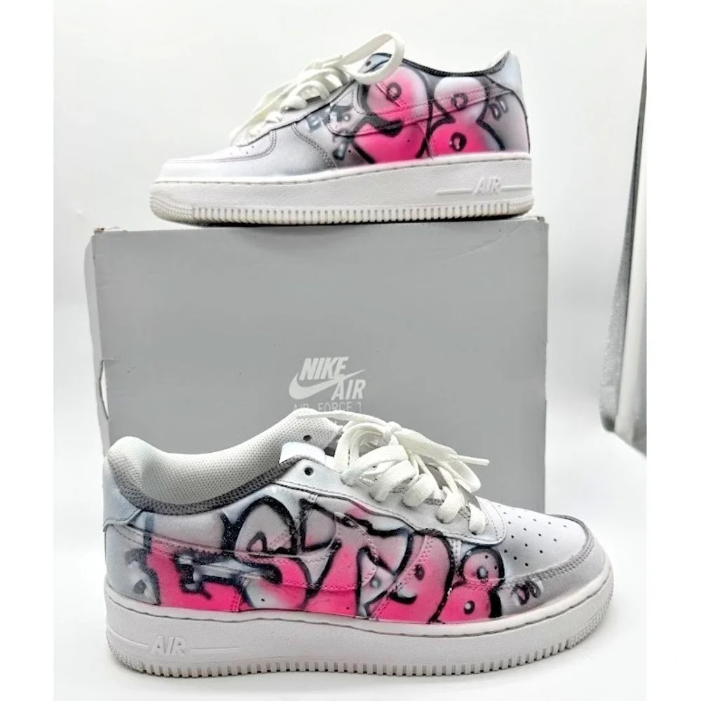 Nike Air Force 1 LE GS Custom Graffiti White Pink DH2920-111 Boys 7Y EU40